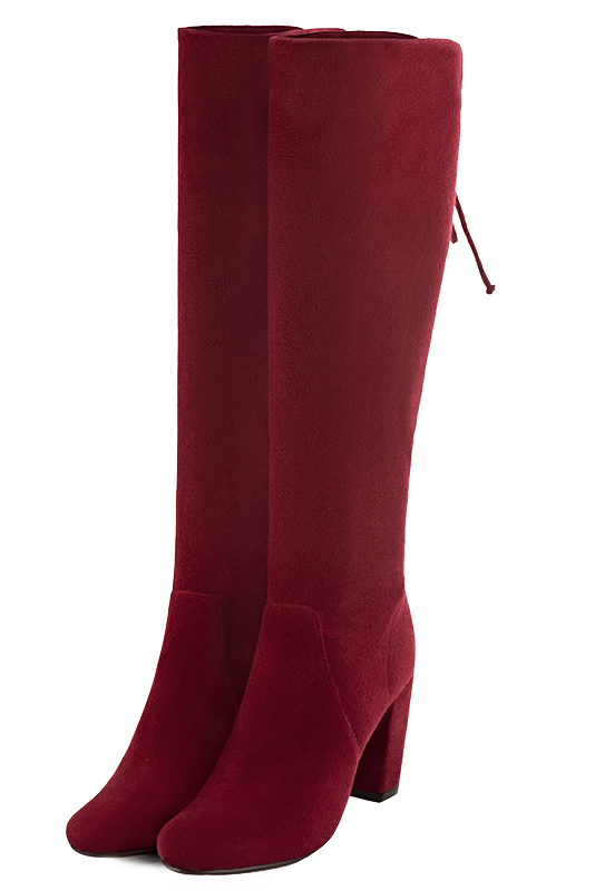 Burgundy red women's knee-high boots, with laces at the back. Round toe. High block heels. Made to measure. Front view - Florence KOOIJMAN